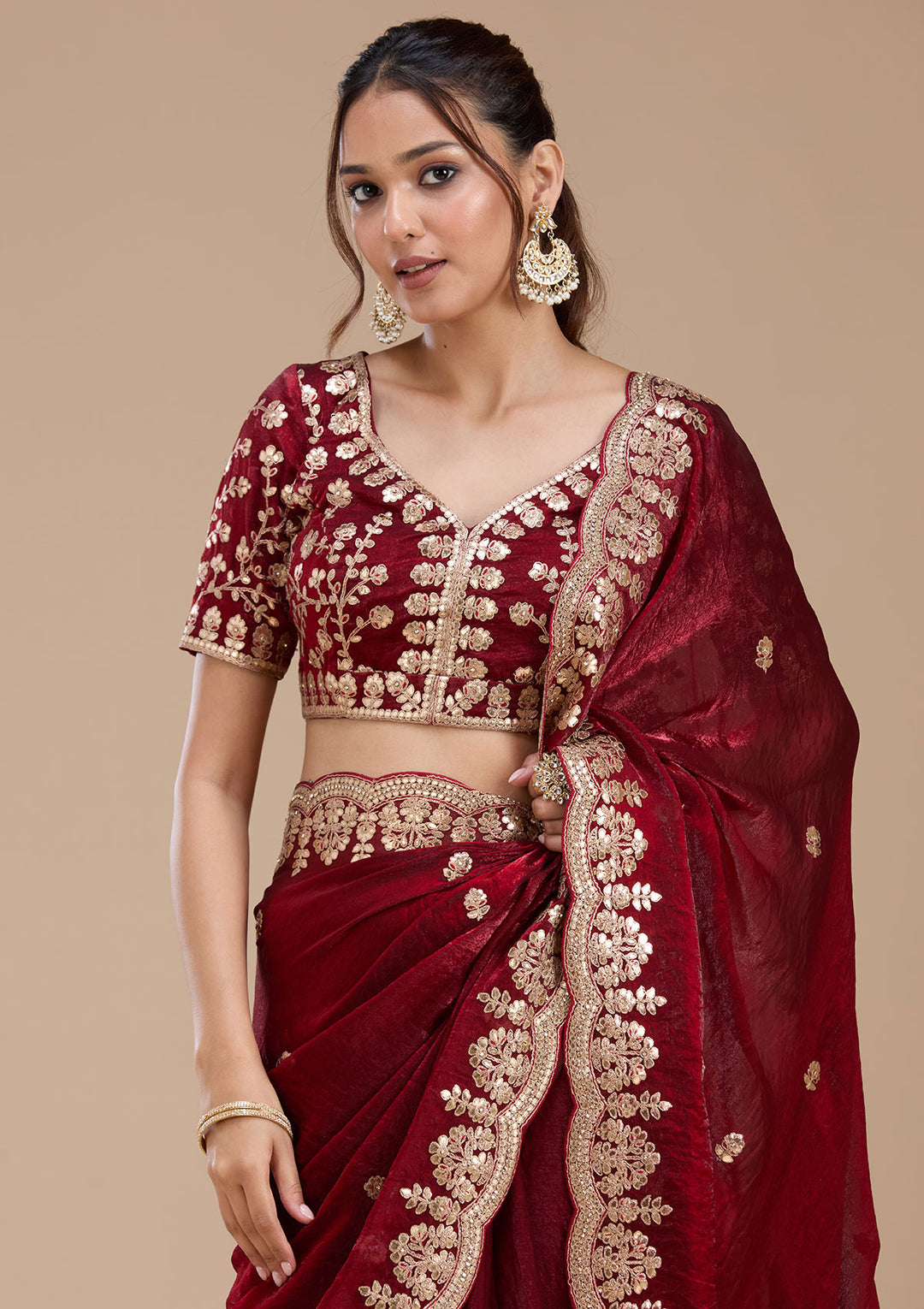 Maroon Gotapatti Tissue Saree