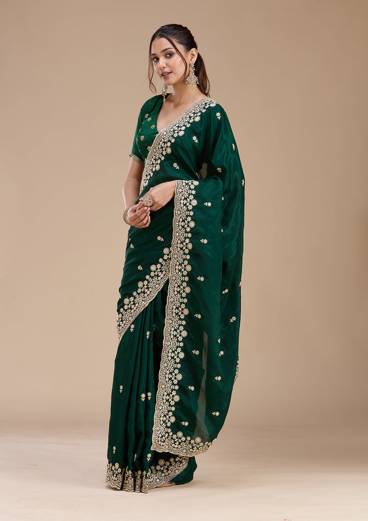 Bottle Green Cording Tissue Saree