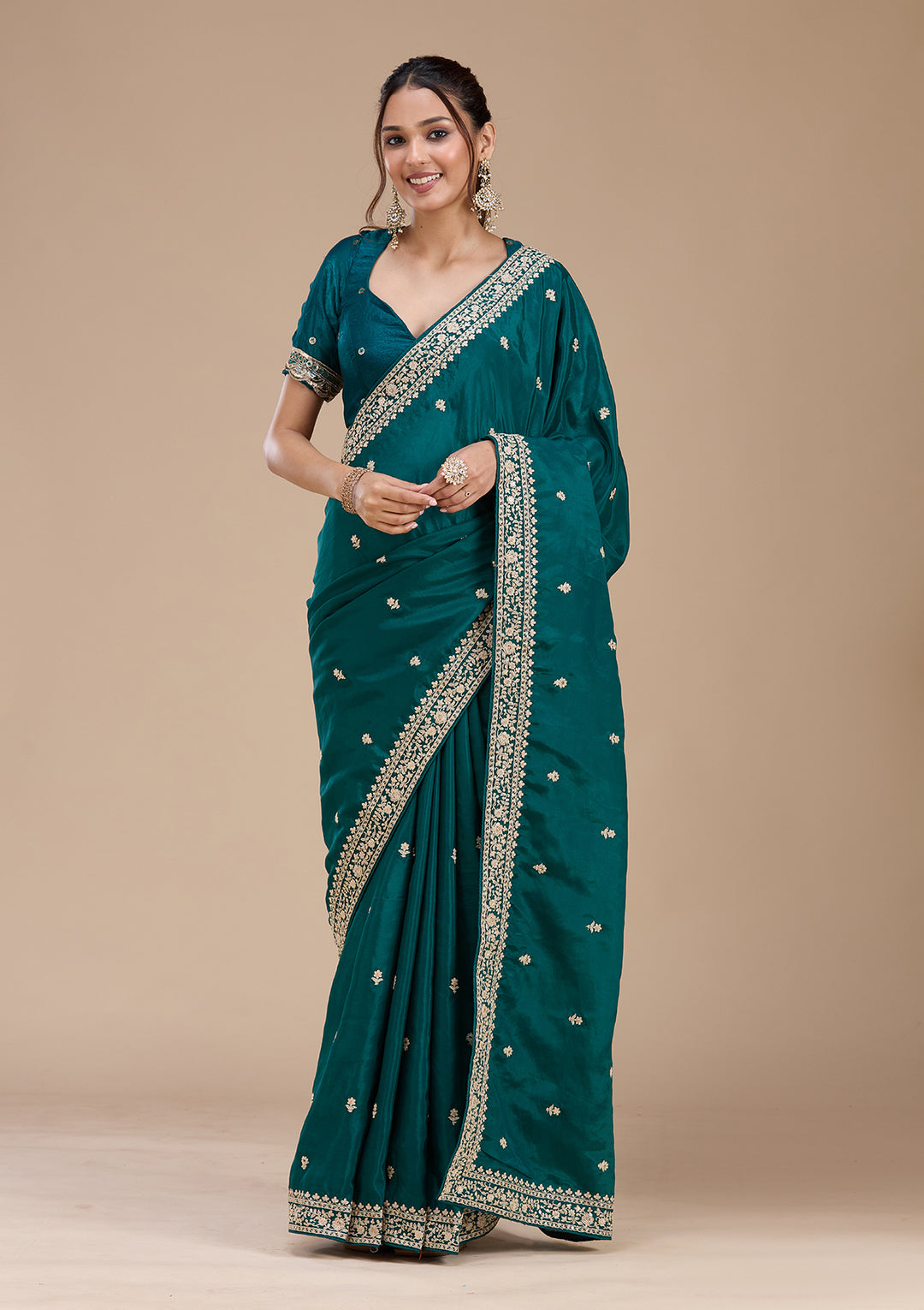 Rama Green Cording Satin Saree