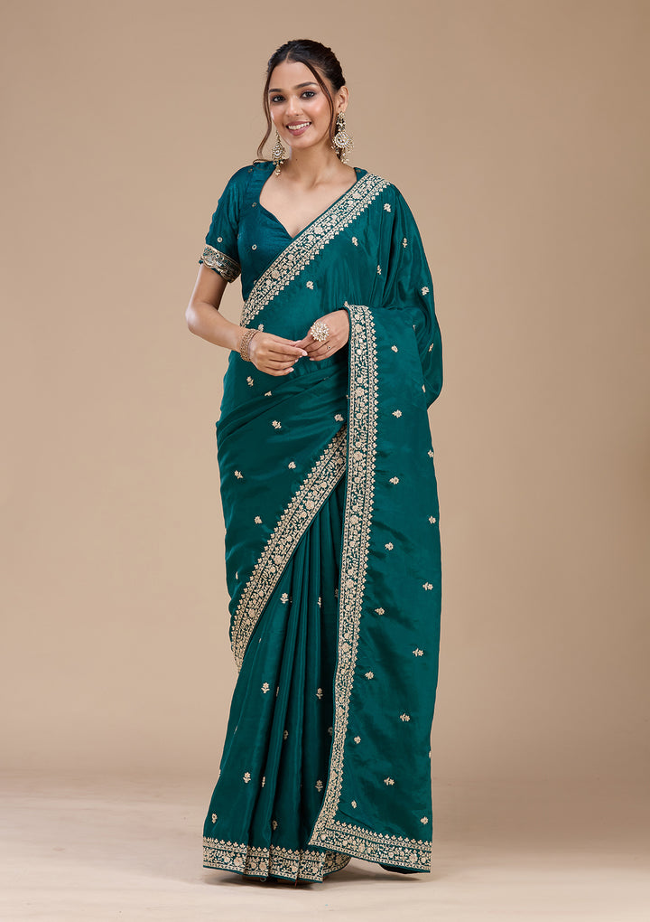 Rama Green Cording Satin Saree