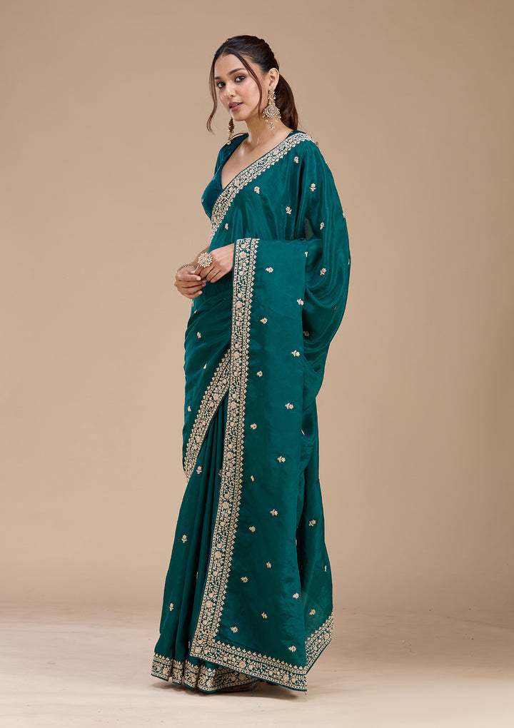 Rama Green Cording Satin Saree