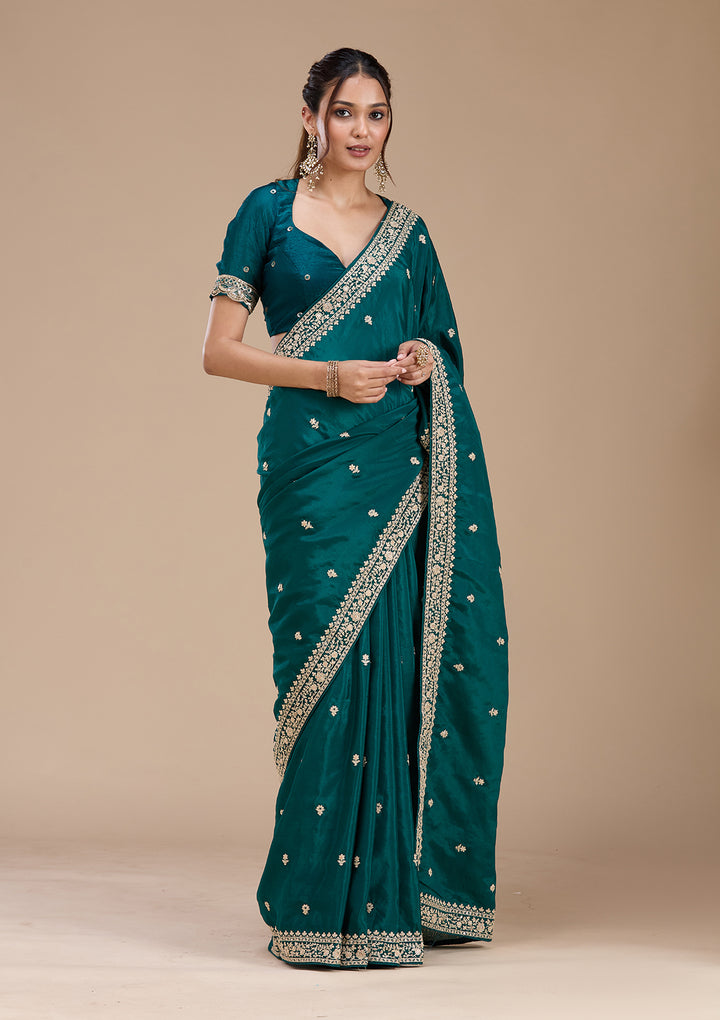 Rama Green Cording Satin Saree