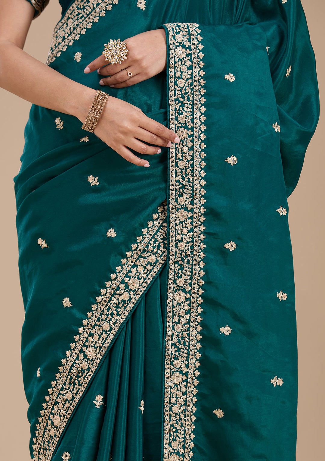 Rama Green Cording Satin Saree