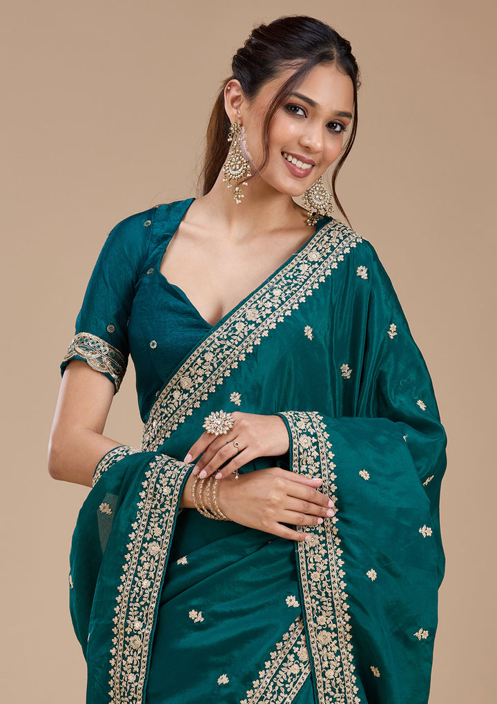 Rama Green Cording Satin Saree