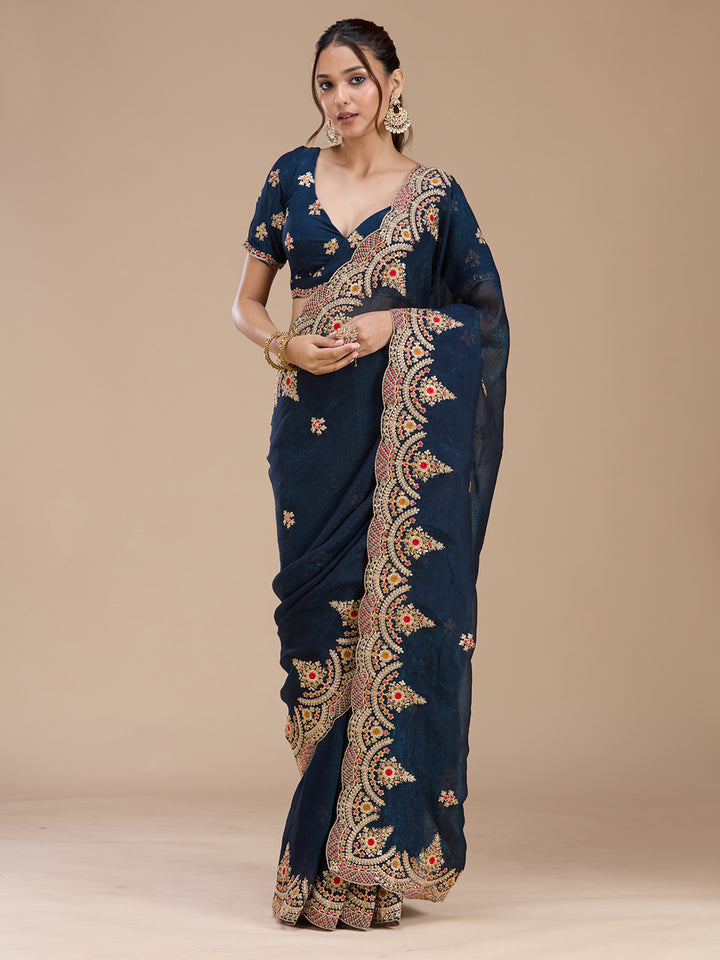 Peacock Blue Cording Georgette Saree