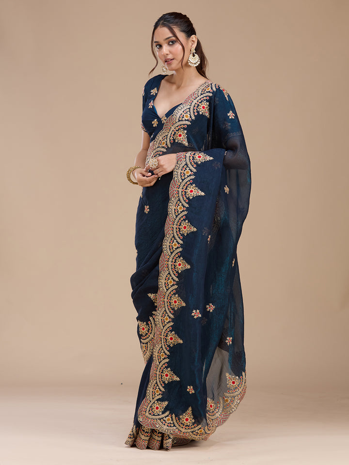 Peacock Blue Cording Georgette Saree