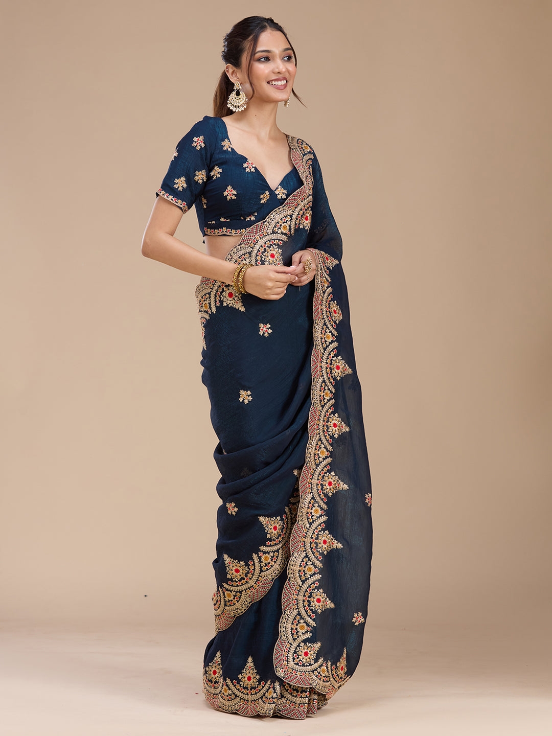 Peacock Blue Cording Georgette Saree