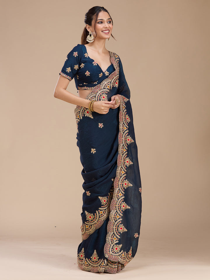 Peacock Blue Cording Georgette Saree