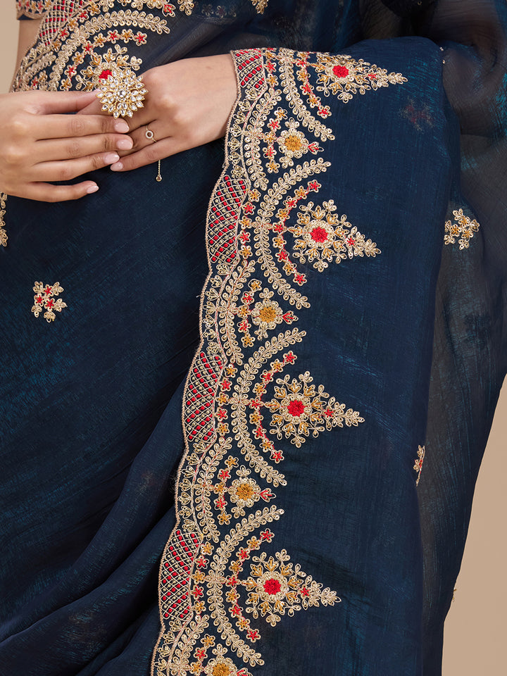Peacock Blue Cording Georgette Saree
