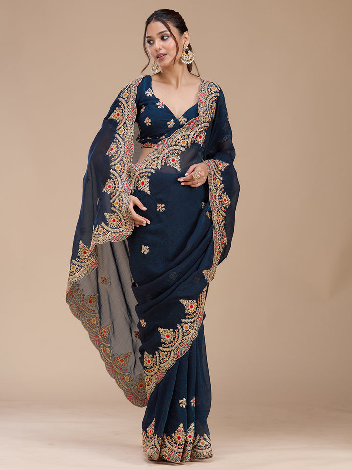 Peacock Blue Cording Georgette Saree