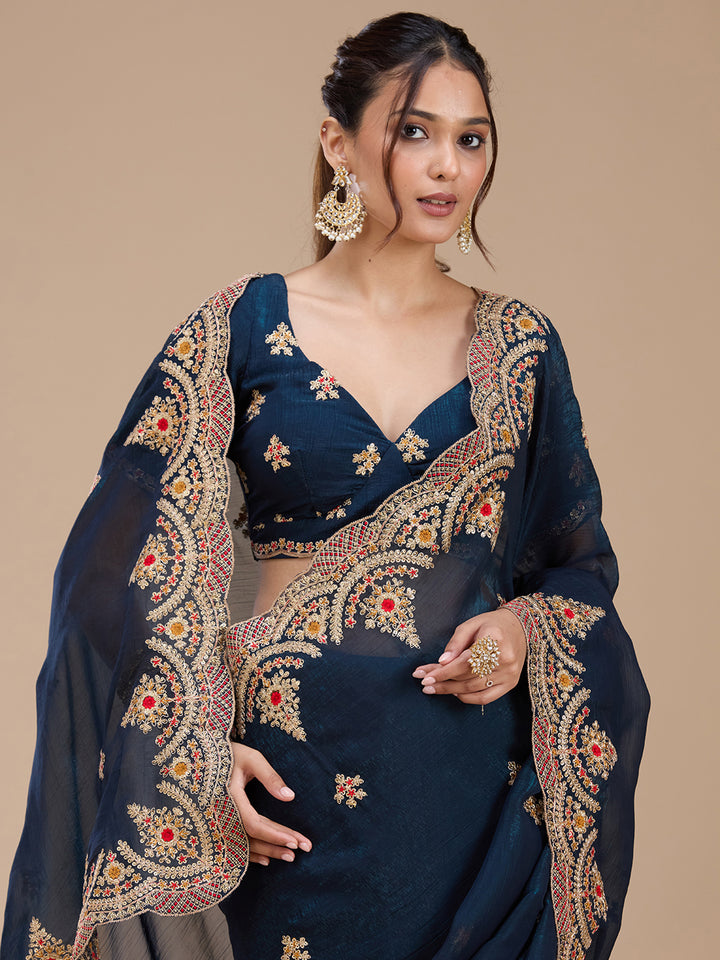 Peacock Blue Cording Georgette Saree