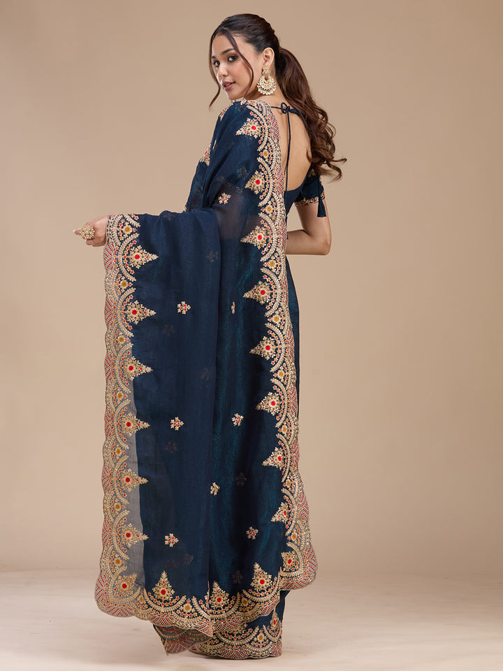 Peacock Blue Cording Georgette Saree