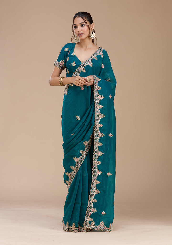 Teal Green Cording Tissue Saree