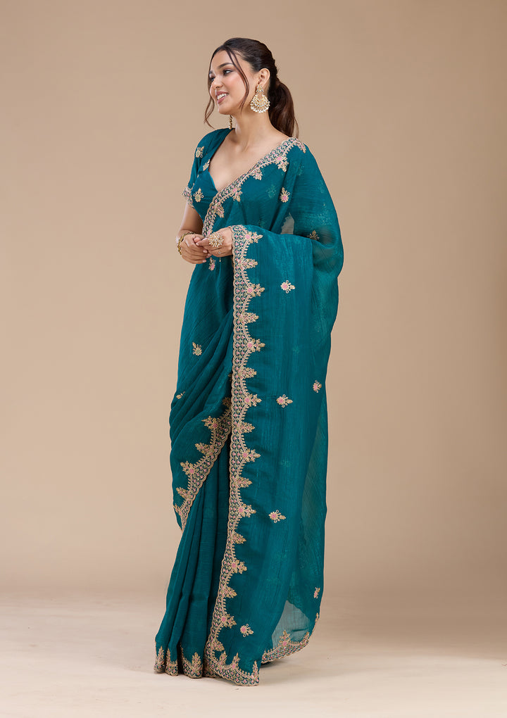 Teal Green Cording Tissue Saree