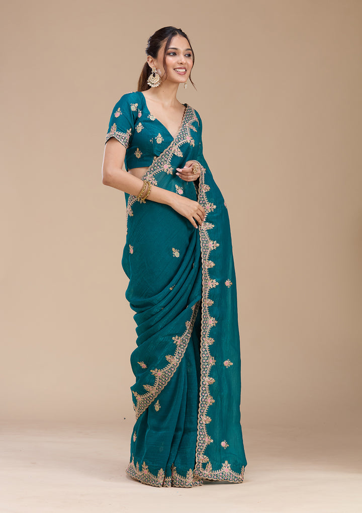 Teal Green Cording Tissue Saree