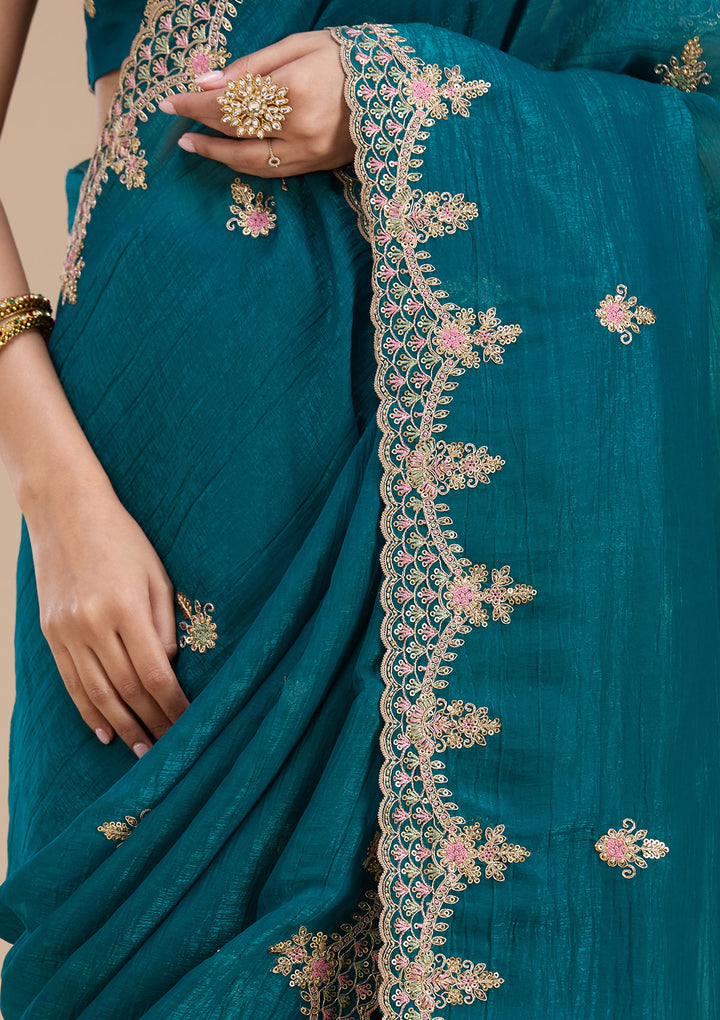 Teal Green Cording Tissue Saree