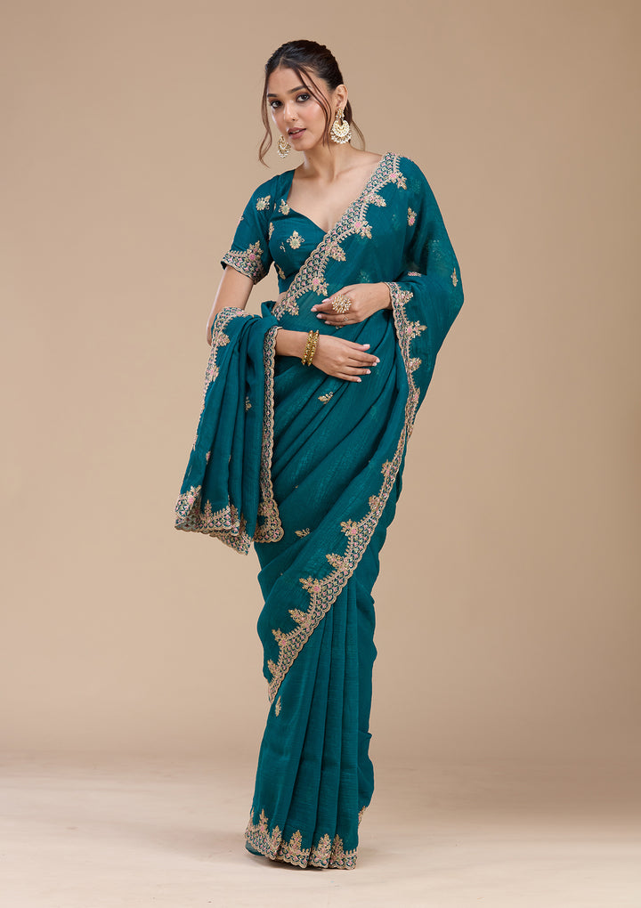 Teal Green Cording Tissue Saree