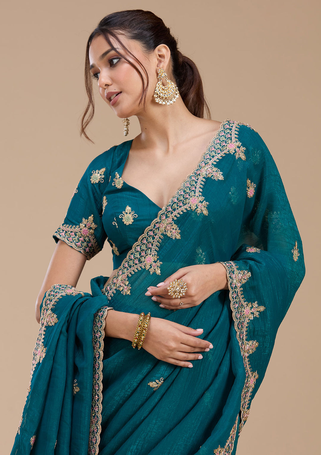 Teal Green Cording Tissue Saree