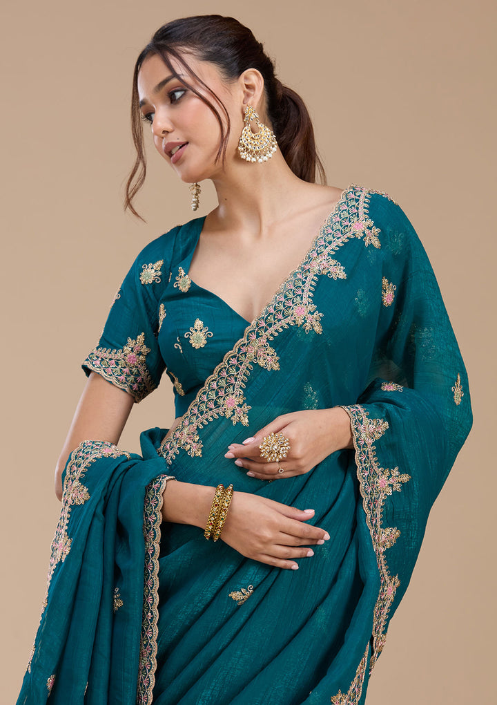 Teal Green Cording Tissue Saree