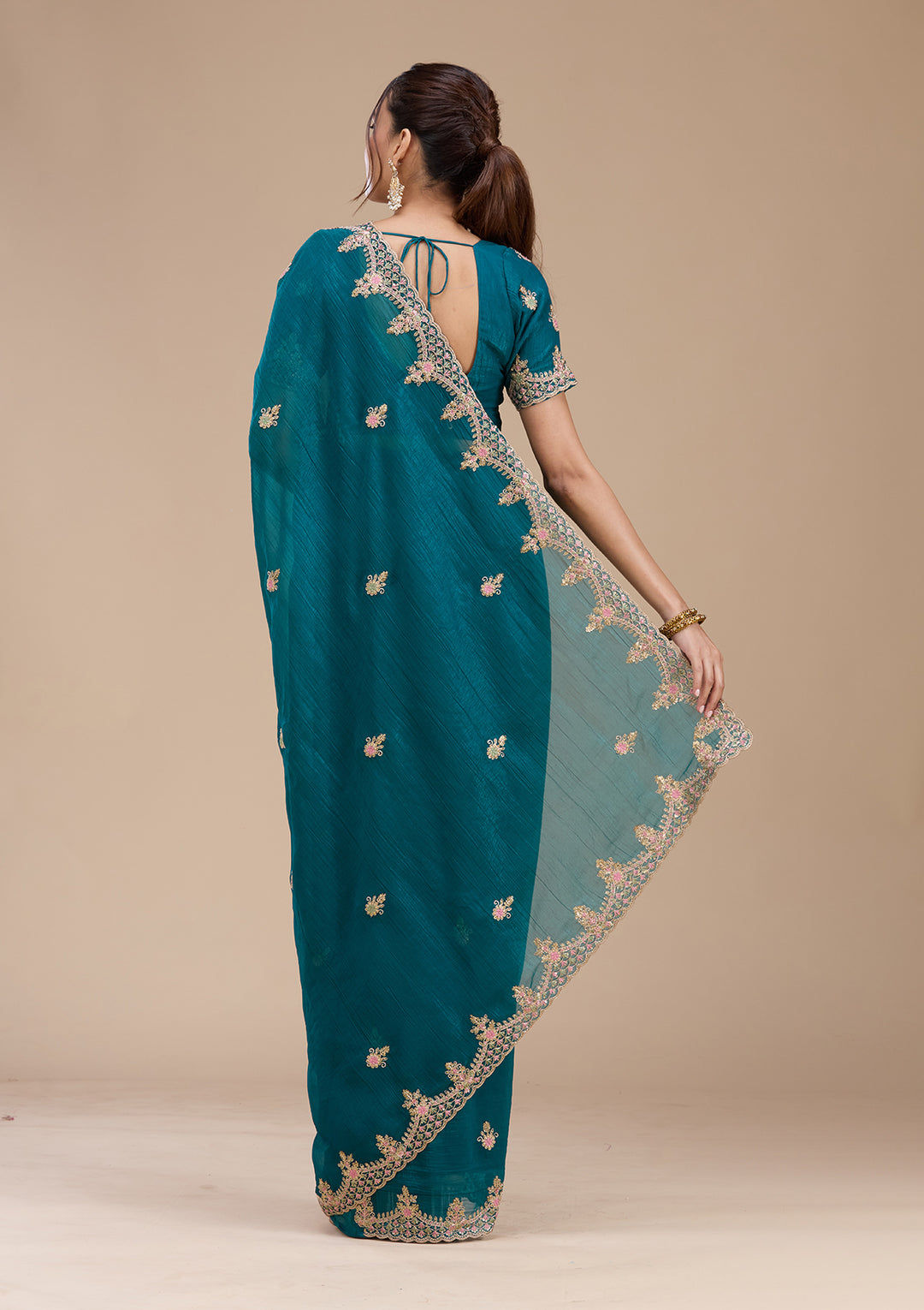 Teal Green Cording Tissue Saree