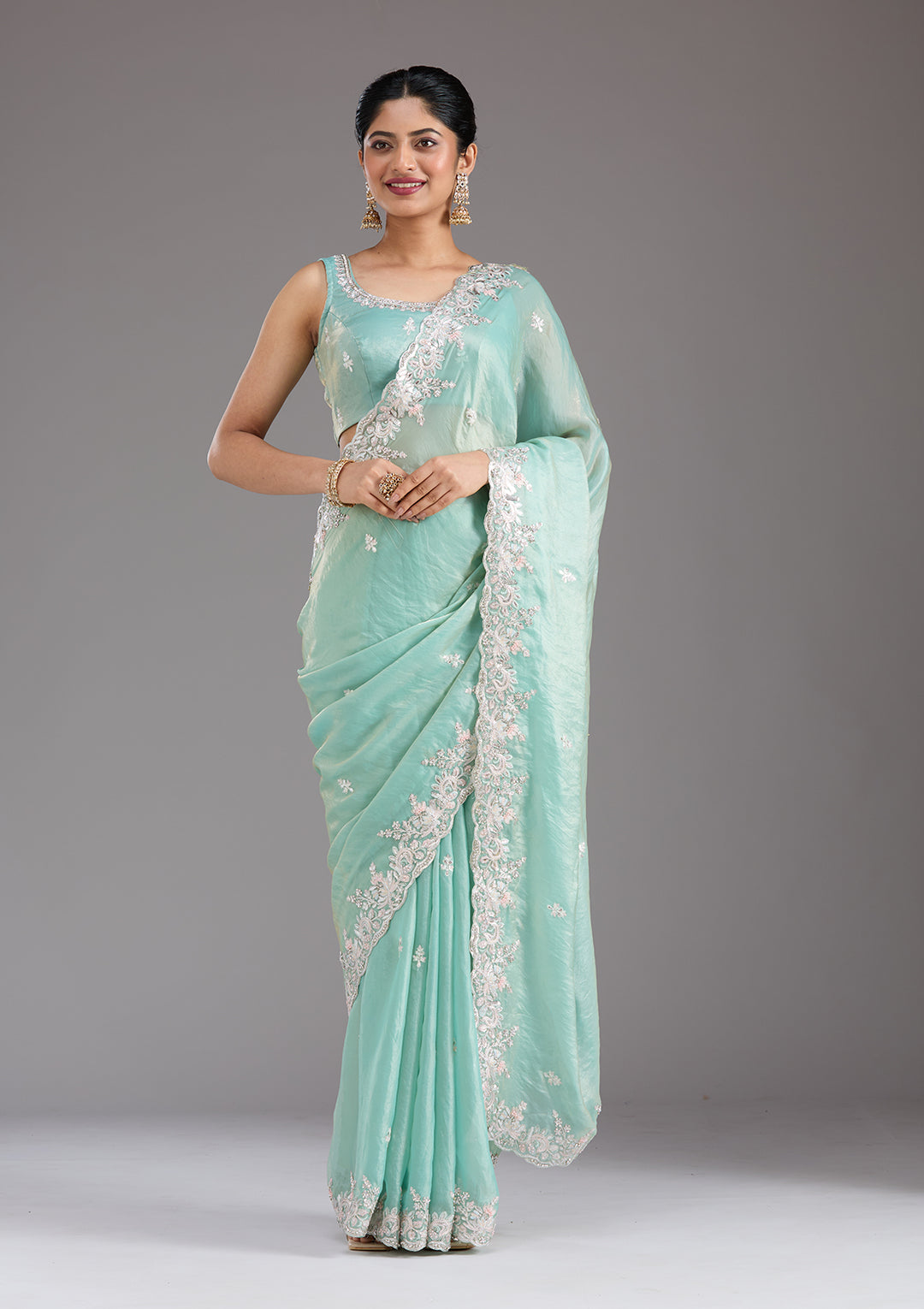 Pista Green Gotapatti Satin Saree