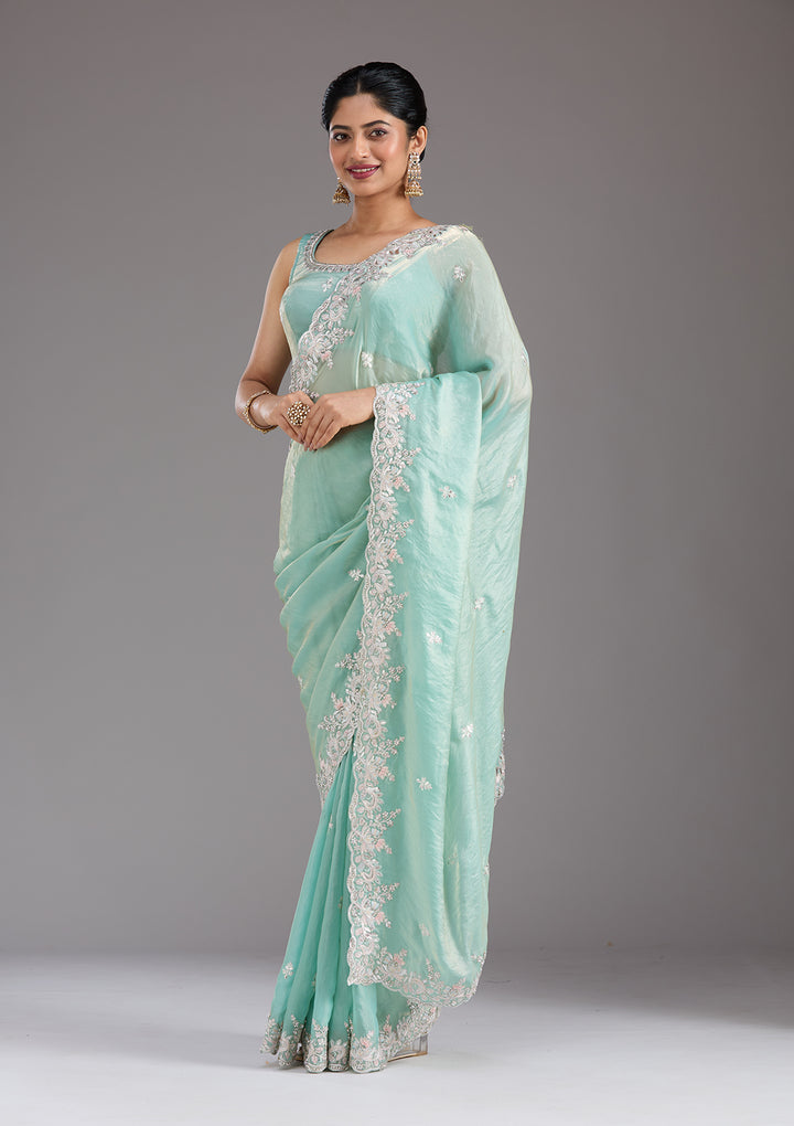Pista Green Gotapatti Satin Saree