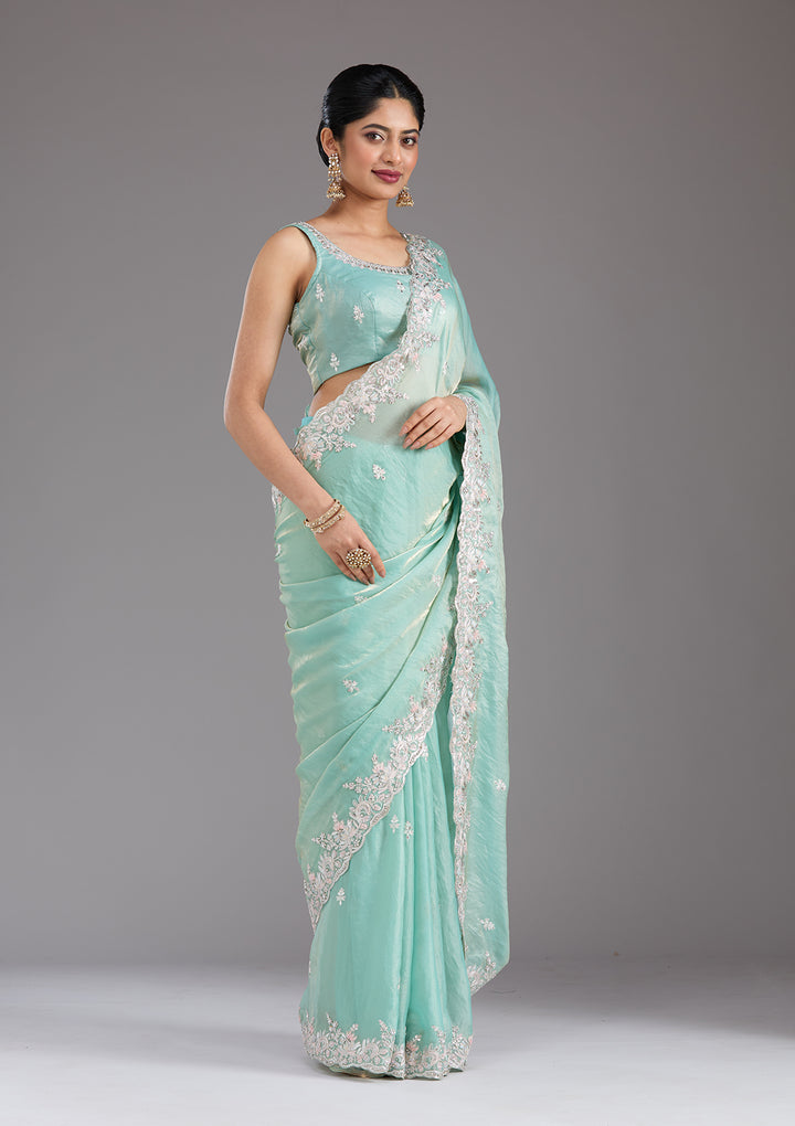 Pista Green Gotapatti Satin Saree