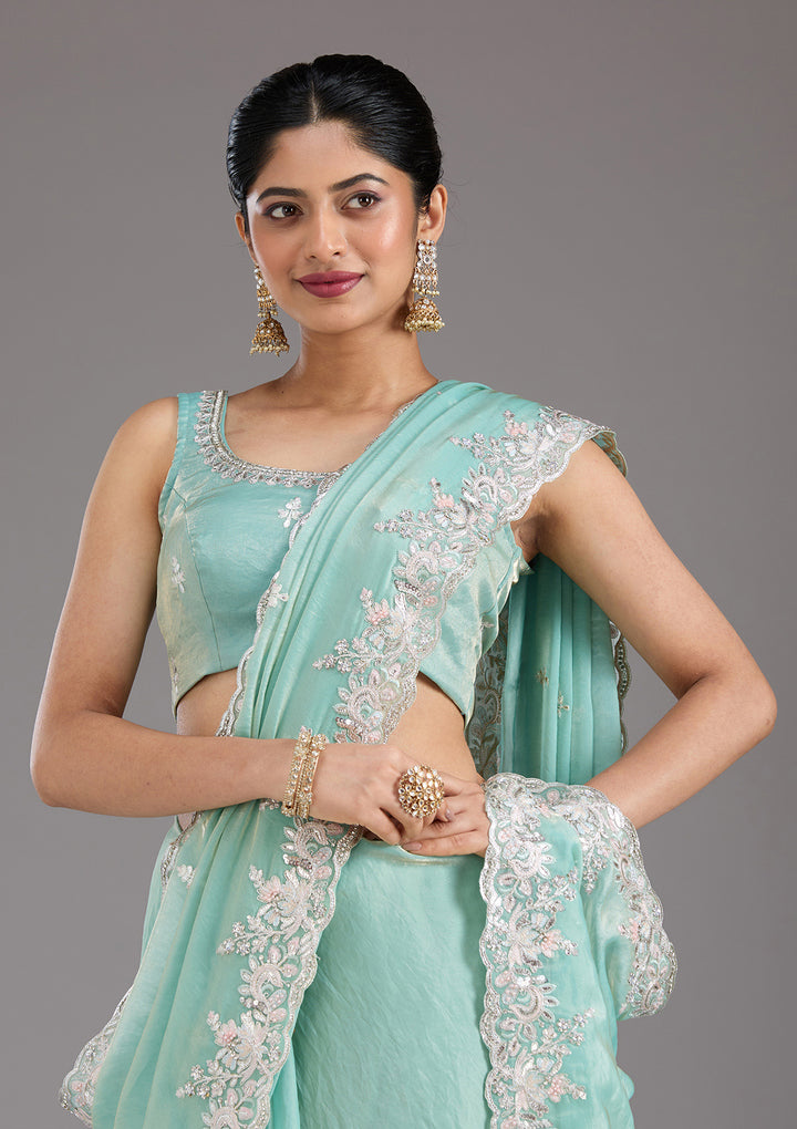 Pista Green Gotapatti Satin Saree