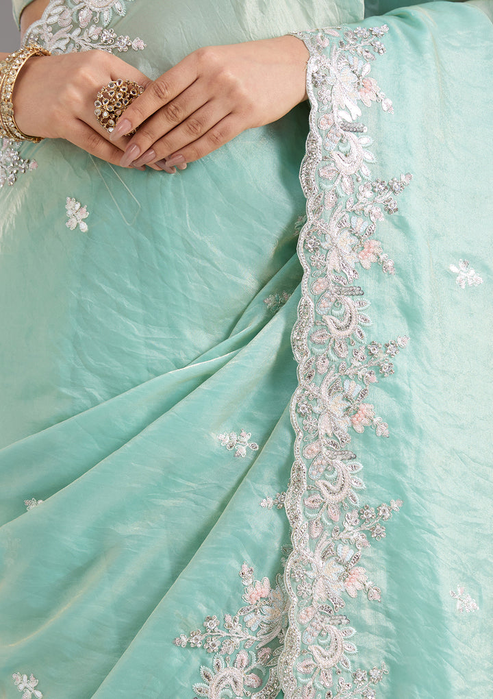 Pista Green Gotapatti Satin Saree