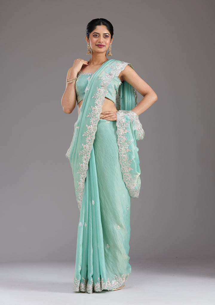 Pista Green Gotapatti Satin Saree