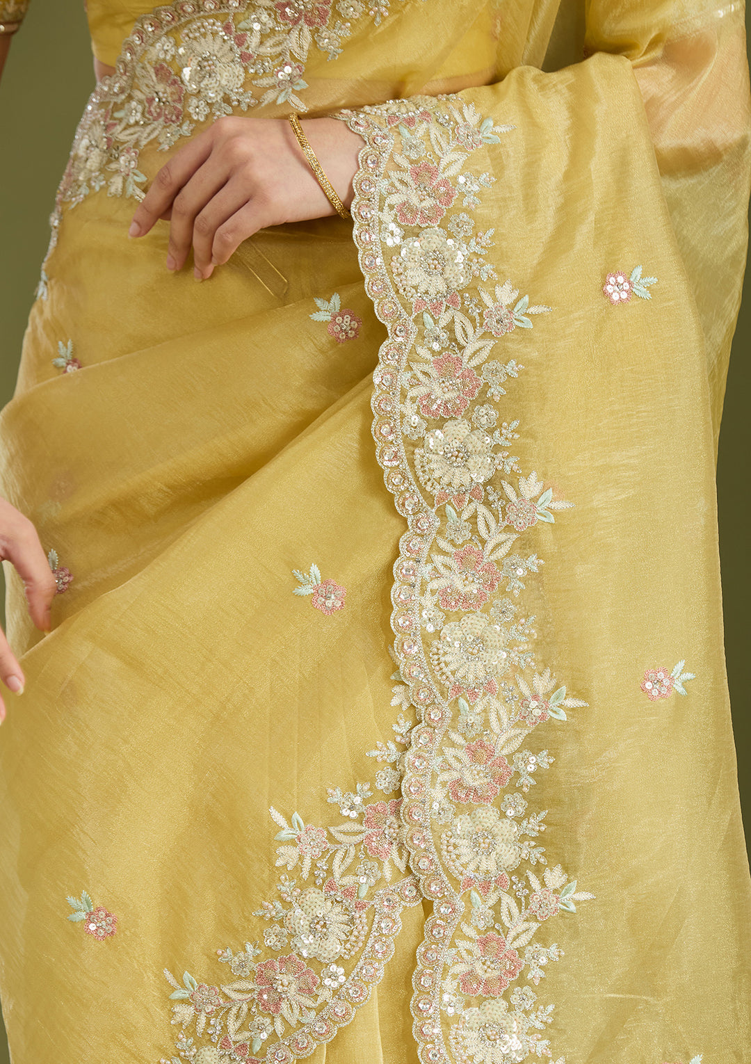 Lemon Yellow Sequins Tissue Saree