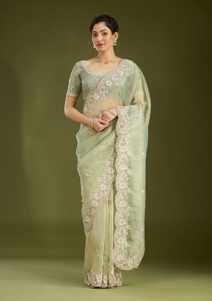 Pista Green Sequins Tissue Saree