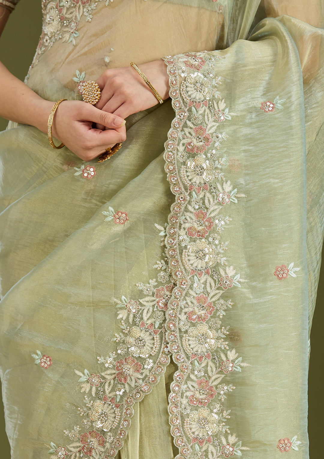 Pista Green Sequins Tissue Saree