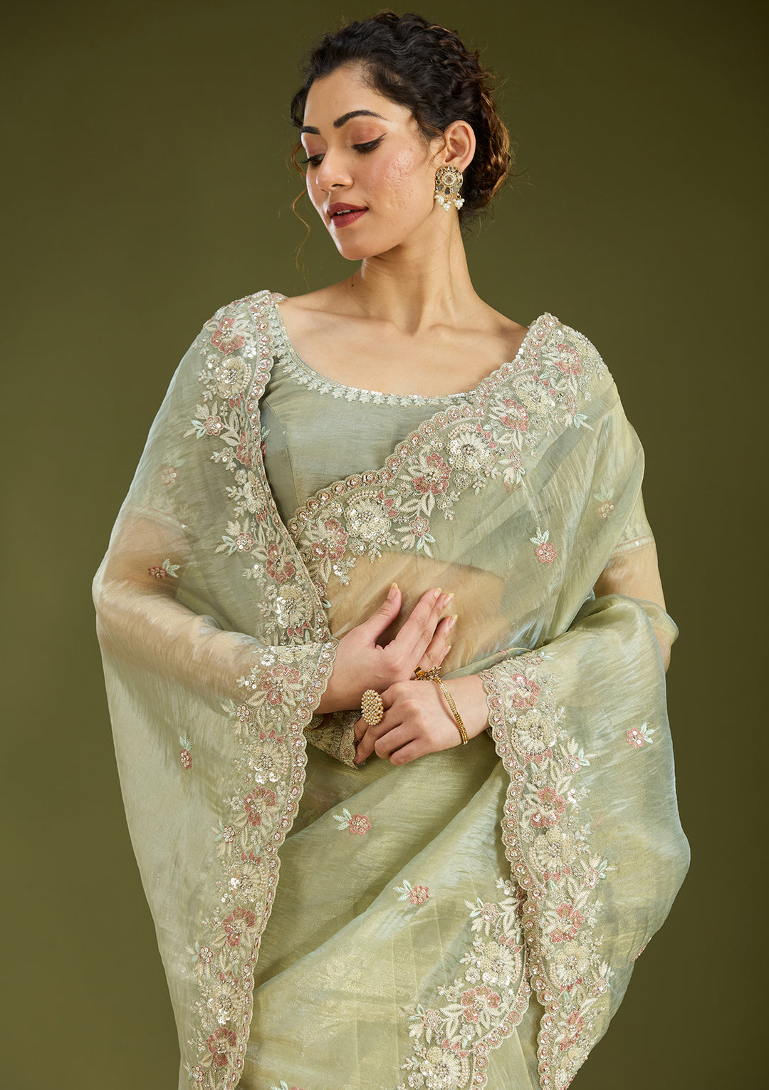 Pista Green Sequins Tissue Saree