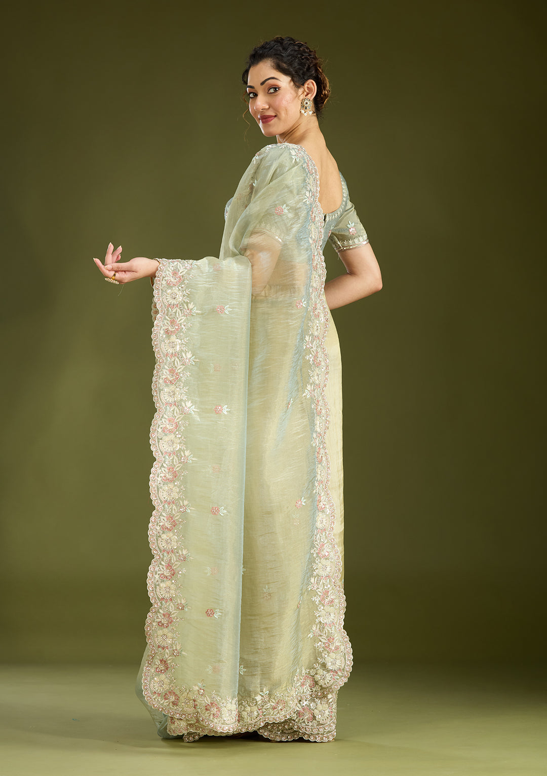 Pista Green Sequins Tissue Saree