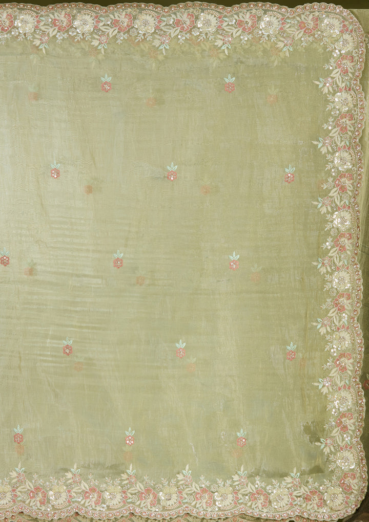 Pista Green Sequins Tissue Saree