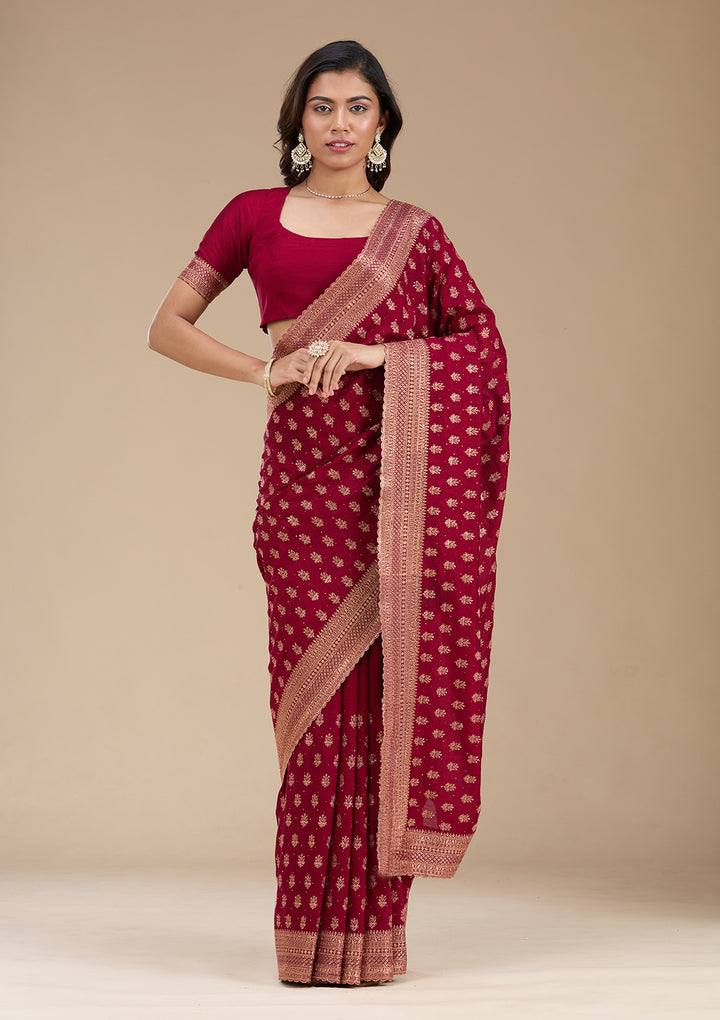 Maroon Zariwork (Antique) Soft Raw Silk Saree