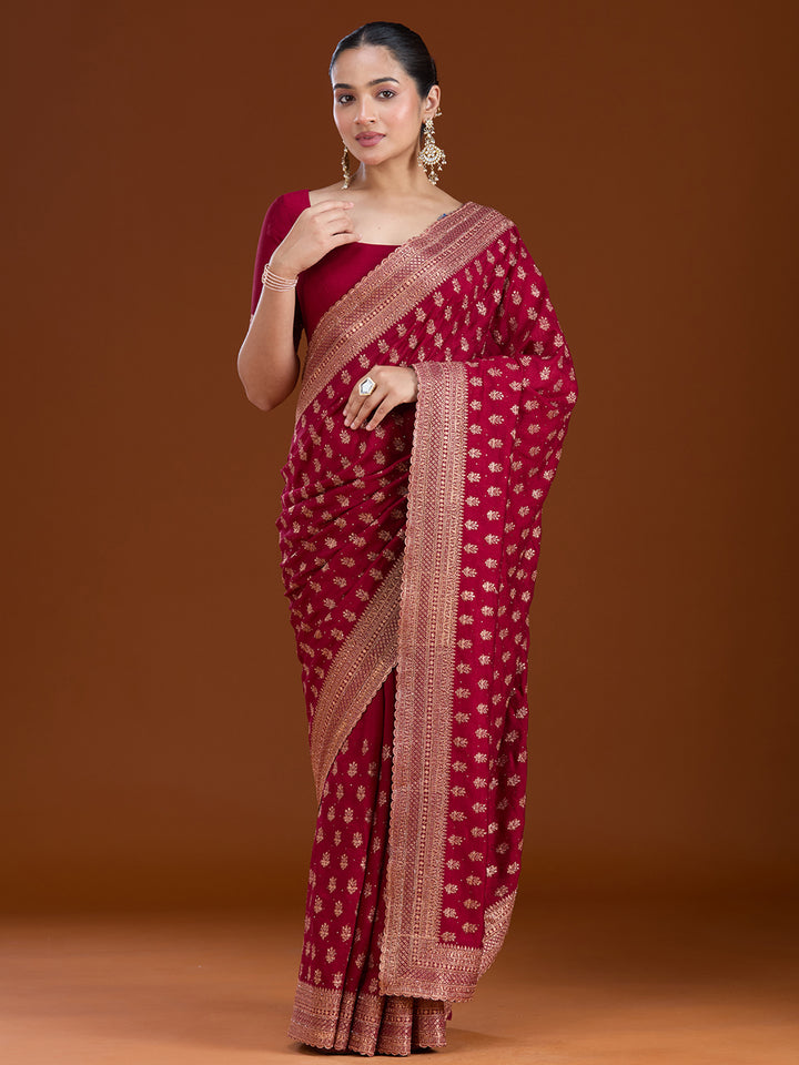 Maroon Zariwork (Antique) Soft Raw Silk Saree