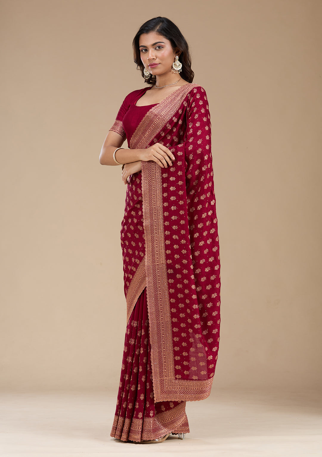 Maroon Zariwork (Antique) Soft Raw Silk Saree