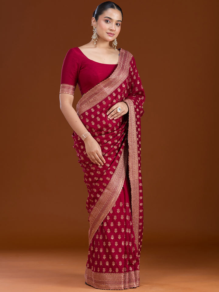 Maroon Zariwork (Antique) Soft Raw Silk Saree