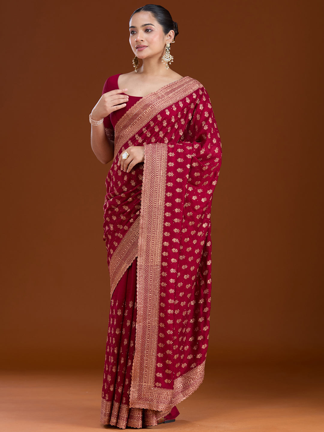 Maroon Zariwork (Antique) Soft Raw Silk Saree