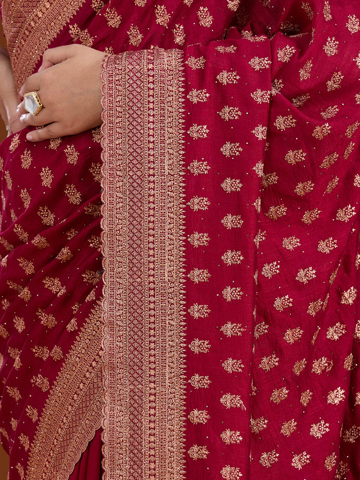 Maroon Zariwork (Antique) Soft Raw Silk Saree