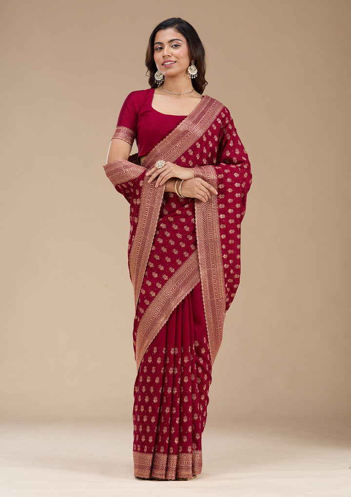 Maroon Zariwork (Antique) Soft Raw Silk Saree