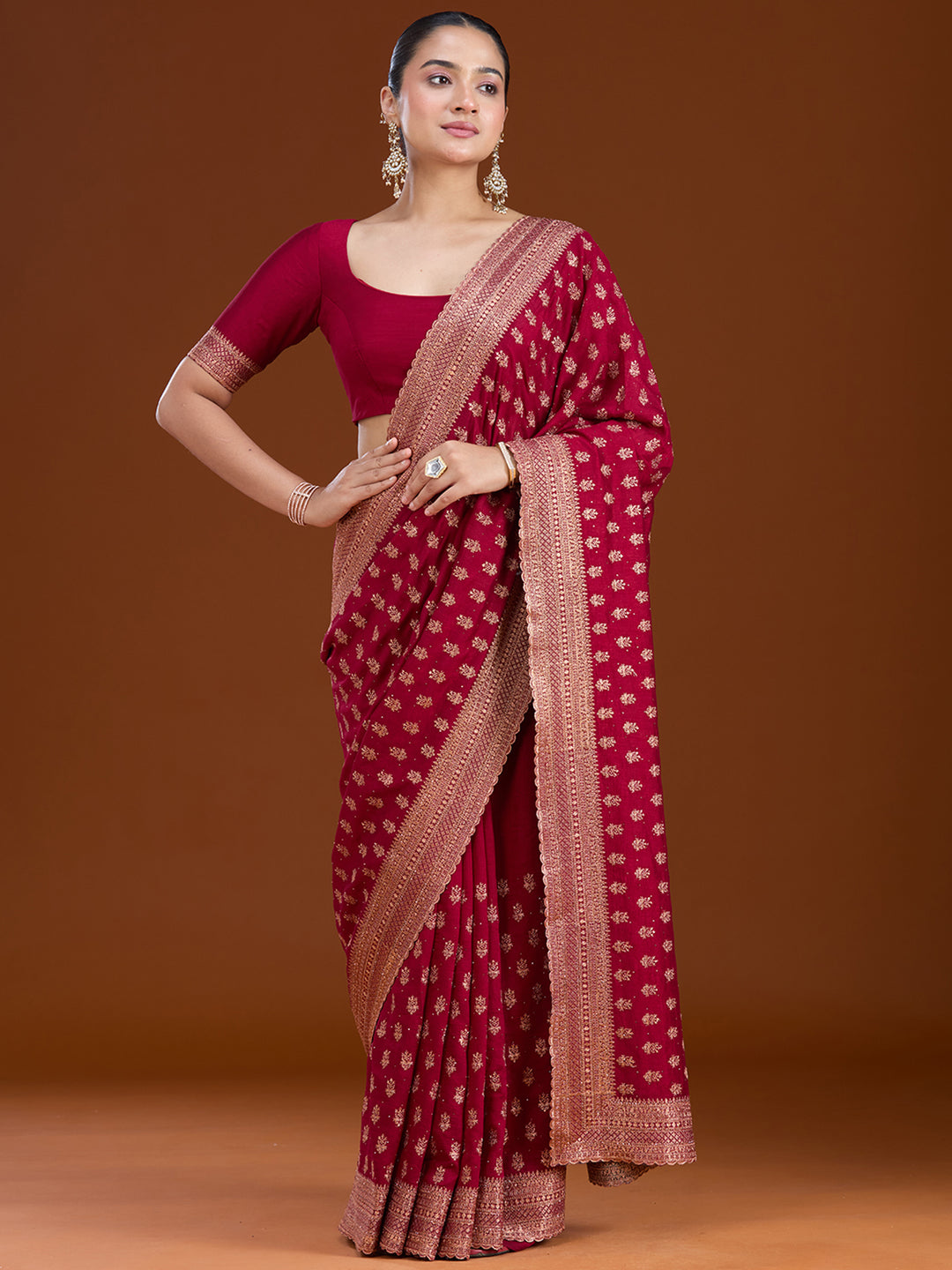 Maroon Zariwork (Antique) Soft Raw Silk Saree