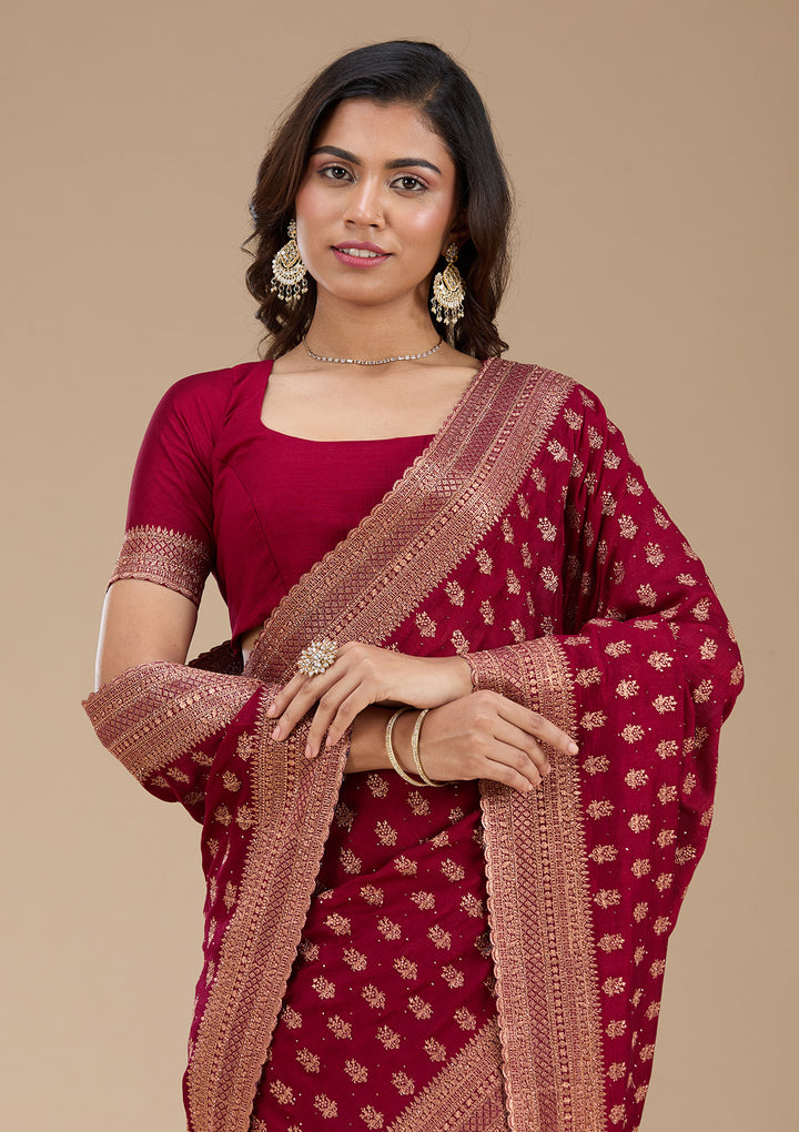 Maroon Zariwork (Antique) Soft Raw Silk Saree