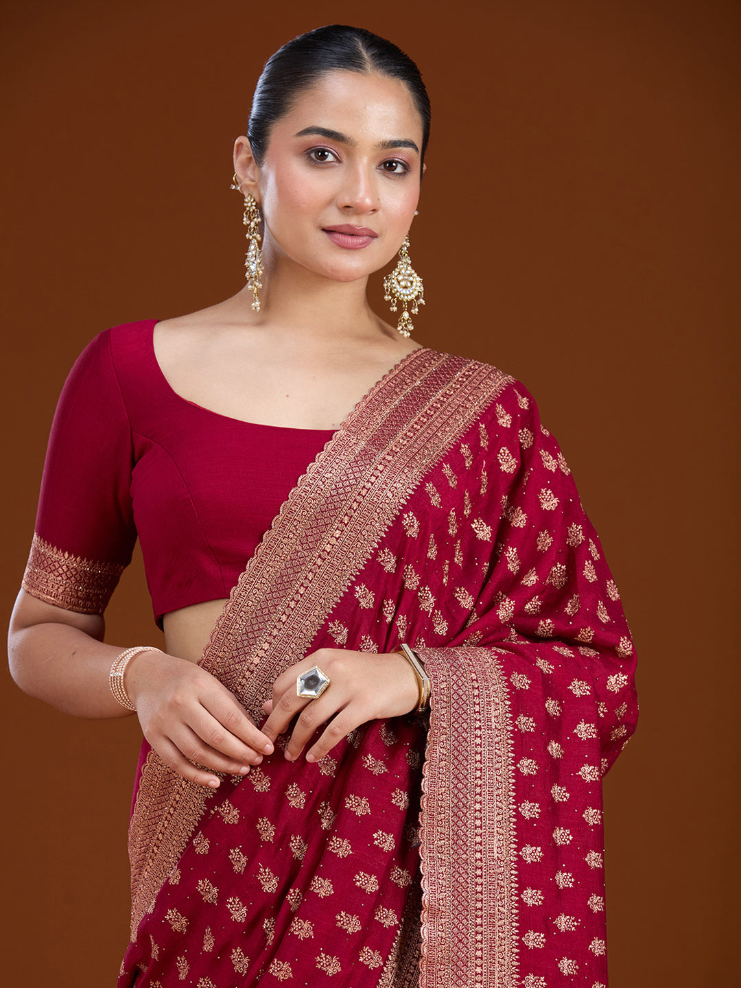 Maroon Zariwork (Antique) Soft Raw Silk Saree