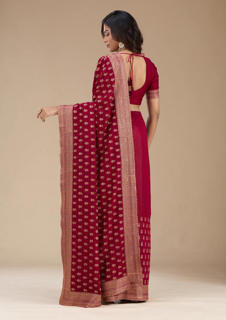 Maroon Zariwork (Antique) Soft Raw Silk Saree
