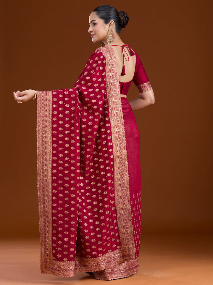 Maroon Zariwork (Antique) Soft Raw Silk Saree