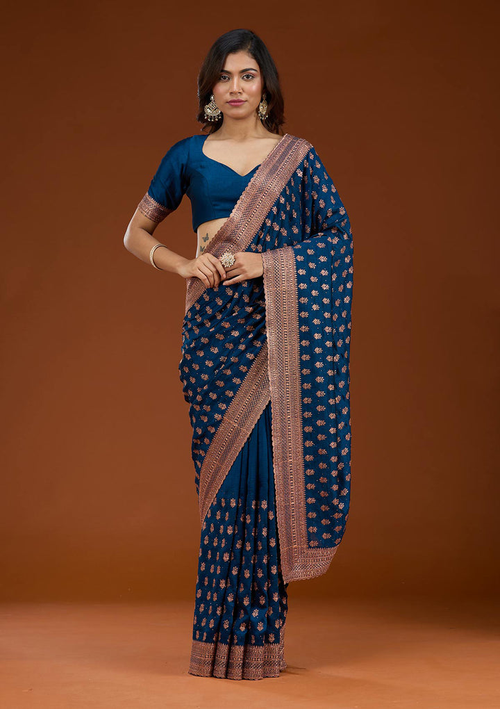 Peacock Blue Zariwork (Antique) Soft Raw Silk Saree