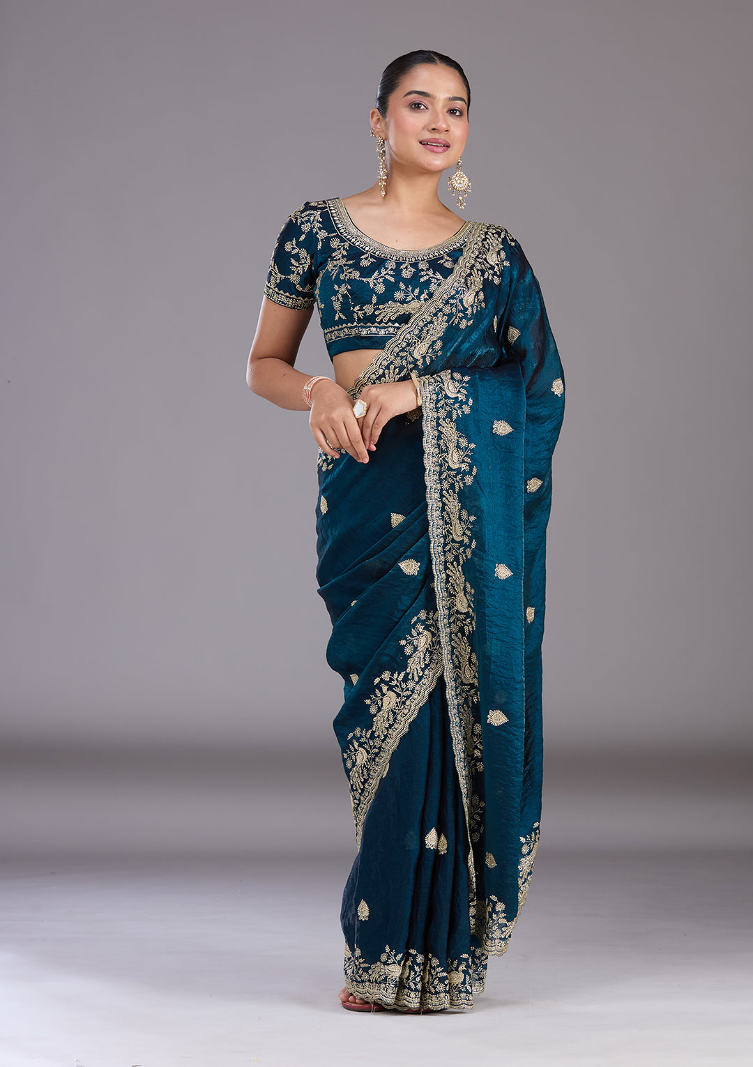 Peacock Blue Zariwork (Gold) Tissue Saree